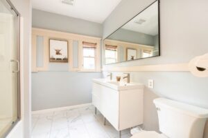 Recently renovated downstairs bathroom with double vanity