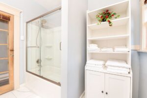 Downstairs bathroom with double vanity; newly remodeled